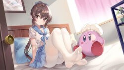 Rule 34 | 1girl, absurdres, arm support, bed, blue sailor collar, blue skirt, brown eyes, brown hair, commentary request, curtains, door, doorknob, freshylulu m, hair between eyes, hair ribbon, highres, kirby, kirby (series), knees up, long hair, looking at viewer, nintendo, no shoes, on bed, original, pantyhose, picture frame, ponytail, ribbon, sailor collar, school uniform, shirt, short sleeves, sitting, skirt, soles, solo, thighhighs, thighs, toes, white shirt, white thighhighs, window