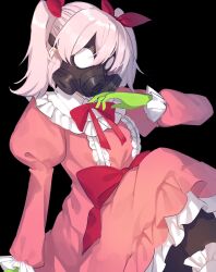 Rule 34 | 1girl, black background, bow, dress, full body, gas mask, gloves, green gloves, hair bow, highres, long sleeves, mahou shoujo magical destroyers, mask, pink (magical destroyers), pink dress, pink hair, red bow, short twintails, solo, toraneko 2, twintails