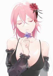 Rule 34 | 1girl, absurdres, bad id, bad pixiv id, bare shoulders, black dress, breasts, chilli 646, cleavage, closed eyes, collarbone, dress, flower, girls&#039; frontline, hair flower, hair ornament, hair ribbon, highres, holding, holding flower, holding petal, long hair, m82a1 (girls&#039; frontline), m82a1 (out of darkness) (girls&#039; frontline), medium breasts, nail polish, open mouth, petals, pink hair, pink nails, ribbon, solo, white background