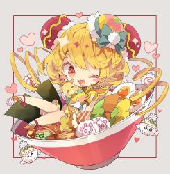 Rule 34 | 1girl, ;3, ;d, blonde hair, blush, blush stickers, bow, chibi, copyright request, dress, food, grey background, happy, heart, highres, looking at viewer, nikorashi-ka, one eye closed, open mouth, red eyes, sitting, smile, solo, striped