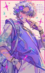Rule 34 | 1boy, backpack, bag, bandaid, bandaid on arm, bandaid on cheek, bandaid on face, blush, border, cellphone, choker, commentary request, cowboy shot, embarrassed, facial mark, floral print, flower, flower request, grey bag, grey jacket, grey pants, hair flower, hair ornament, haru4aki, highres, holding, holding phone, jacket, jewelry, looking at viewer, male focus, multiple bracelets, multiple piercings, multiple rings, necklace, original, pants, phone, pink background, pink eyes, purple flower, purple shirt, ring, shirt, solo, sparkle, watch, white background, white hair, wristwatch
