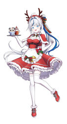 1girl absurdres ahoge aokumo_rin apron blue_hair breasts capelet cleavage cloud_hair_ornament cross-laced_footwear dress elbow_gloves fake_horns floating_hair garter_straps gloves grey_hair highres horns hoze long_hair looking_at_viewer maid maid_apron maid_headdress multicolored_hair open_mouth red_capelet red_dress red_footwear santa_dress shoes simple_background smile solo standing stellive streaked_hair thighhighs virtual_youtuber white_apron white_background white_gloves white_thighhighs zettai_ryouiki