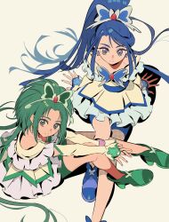 2girls akimoto_komachi arm_support bike_shorts blue_eyes blue_hair butterfly_brooch butterfly_hair_ornament cure_aqua cure_mint detached_sleeves dress earrings from_above full_body green_eyes green_footwear green_hair hair_ornament high_ponytail highres jewelry long_hair looking_at_viewer looking_up magical_girl minazuki_karen multiple_girls ponytail precure semham sitting smile tiara very_long_hair white_dress wide_ponytail yes!_precure_5