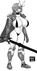 Rule 34 | 1girl, armor, armored boots, artist name, bikini, bikini armor, boots, breasts, cape, cleavage, commission, curvy, full body, greyscale, highres, huge breasts, looking afar, looking away, micro bikini, monochrome, navel, norman maggot, short hair, simple background, solo, standing, swimsuit, sword, weapon, white background