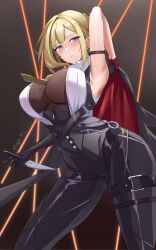 1girl absurdres arm_up armpits black_background black_gloves black_pants blonde_hair blush boyin breasts evelyn_chevalier gloves gradient_background half_gloves high-waist_pants highres holding holding_knife knife large_breasts looking_at_viewer mole mole_under_eye necktie pants purple_eyes red_gloves single_half_glove solo standing thigh_strap thighs tight_clothes tight_pants uneven_bangs variant_set yellow_necktie zenless_zone_zero