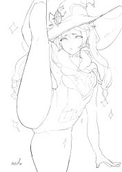 Rule 34 | 1girl, absurdres, arm up, blush, choker, cleavage cutout, clothing cutout, earrings, genshin impact, greyscale, hat, hat ornament, highres, jewelry, leotard, long hair, mona (genshin impact), monochrome, parted lips, puzenketsu, signature, simple background, sketch, solo, sparkle, split, standing, standing on one leg, standing split, star (symbol), star earrings, star hat ornament, twintails, white background, witch, witch hat