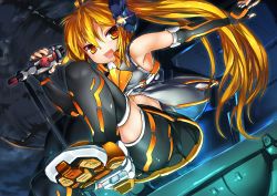 Rule 34 | 1girl, akita neru, bike shorts, blonde hair, boots, diesel-turbo, elbow gloves, eyebrows, gloves, long hair, magu (mugsfc), microphone, open mouth, side ponytail, skirt, smile, solo, thigh boots, thighhighs, vocaloid, yellow eyes