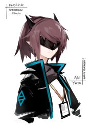 Rule 34 | 1girl, arknights, black jacket, black scarf, brown hair, character name, closed mouth, commentary request, cropped torso, dated, deel (rkeg), english text, eye mask, female focus, happy birthday, highres, id card, jacket, lanyard, one-hour drawing challenge, open clothes, open jacket, pointy ears, scarf, shirt, short hair, simple background, smile, solo, time, upper body, white background, white shirt, yato (arknights)
