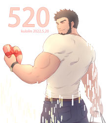 Rule 34 | 1boy, bara, box, brown hair, denim, closed eyes, facial hair, heart, heart-shaped box, highres, jeans, kulolin, looking back, male focus, male underwear, male underwear peek, manly, mature male, muscular, muscular male, original, pants, shirt, short hair, smile, solo, spiked hair, t-shirt, text focus, thick arms, underwear, watch
