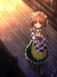 Rule 34 | 1girl, apron, bell, book, hugging book, boots, brown footwear, cat, checkered clothes, checkered kimono, closed mouth, commentary request, from above, green skirt, hair bell, hair ornament, highres, holding, holding book, japanese clothes, kimono, long sleeves, looking at viewer, motoori kosuzu, nanahi toshi, hugging object, perspective, red eyes, red hair, short hair, skirt, smile, solo, touhou, walking, wide sleeves, wooden floor