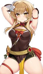Rule 34 | 1girl, armpits, arms behind head, arms up, black leotard, blonde hair, blush, bow, bowtie, breasts, brown eyes, closed mouth, commentary, commission, cosplay, flower, genshin impact, hair between eyes, hair flower, hair ornament, highres, leotard, long hair, looking at viewer, lumine (genshin impact), ndgd, pelvic curtain, pixiv commission, red ribbon, ribbon, simple background, small breasts, smile, solo, thigh strap, thighs, white background, xiangling (genshin impact), xiangling (genshin impact) (cosplay)