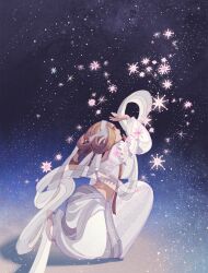 Rule 34 | 1girl, arabian clothes, barefoot, blonde hair, bow, brown eyes, chinese commentary, commentary request, constellation, fingernails, from side, full body, grey bow, hair ribbon, hair rings, highres, long hair, long sleeves, looking up, midriff, night, night sky, on one knee, original, pants, parted lips, puffy long sleeves, puffy pants, puffy sleeves, red lips, ribbon, sainker, sash, shadow, shirt, sky, sleeve bow, solo, star (sky), starry sky, teeth, thick eyebrows, toes, white pants, white ribbon, white sash, white shirt, white sleeves