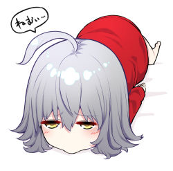 Rule 34 | 1girl, ahoge, blush, commentary request, fate/grand order, fate (series), grey hair, hair between eyes, hood, hoodie, jeanne d&#039;arc (fate), jeanne d&#039;arc alter (avenger) (fate), jeanne d&#039;arc alter (fate), long sleeves, looking at viewer, lying, medium hair, mikan (chipstar182), on stomach, red hoodie, sleepy, solo, translated, yellow eyes