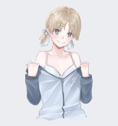 Rule 34 | 10s, 1girl, aki (girls und panzer), bad id, bad pixiv id, blue jacket, bra, closed mouth, clothes pull, collarbone, cropped torso, emblem, girls und panzer, green eyes, grey background, hair tie, highres, jacket, jacket pull, keizoku military uniform, lace, lace-trimmed bra, lace trim, light brown hair, long sleeves, looking at viewer, military, military uniform, off shoulder, pulling own clothes, raglan sleeves, roivas, short hair, short twintails, simple background, smile, solo, standing, track jacket, twintails, underwear, uniform, unzipped, upper body, white bra, zipper, zipper pull tab