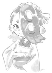 Rule 34 | 1girl, apron, artist name, asymmetrical hair, blush, bowl, cephalopod eyes, closed mouth, commentary request, ear blush, earrings, hair over one eye, highres, horizontal pupils, japanese clothes, jewelry, kappougi, kimono, long hair, monochrome, multiple earrings, nintendo, octoling, official alternate costume, plum0o0, shiver (splatoon), short eyebrows, signature, simple background, smile, solo, splatoon (series), splatoon 3, suction cups, tentacle hair, tooth earrings, white background, wide sleeves