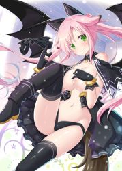 Rule 34 | 1girl, animal ears, bad id, bad twitter id, bat wings, bikini, black bikini, black gloves, black ribbon, black thighhighs, blue hair, boots, bracelet, breasts, cleavage, covering one breast, covering privates, demon girl, demon wings, detached collar, dog ears, dog tail, gloves, green eyes, hair between eyes, hair flaps, hair ribbon, heart, hip focus, jewelry, large breasts, leg up, lily (yano mitsuki), locket, long hair, looking at viewer, multicolored hair, navel, original, pendant, pink hair, revealing clothes, ribbon, smile, solo, swimsuit, tail, thighhighs, thighs, twintails, unworn bikini top, wings, yano mitsuki (nanairo)