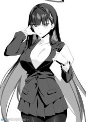 Rule 34 | 1girl, black hair, black pantyhose, blue archive, business suit, formal, greyscale, highres, holding, holding own hair, long hair, looking at viewer, monochrome, pantyhose, puuzaki puuna, rio (blue archive), suit, turtleneck