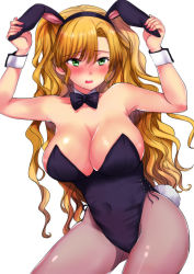 Rule 34 | 1girl, abi (ababsksk), animal ears, bare shoulders, black bow, black leotard, black pantyhose, blonde hair, blush, bow, bowtie, breasts, cleavage, contrapposto, covered navel, cowboy shot, detached collar, embarrassed, fake animal ears, green eyes, highres, large breasts, leotard, long hair, nose blush, open mouth, original, pantyhose, parted bangs, playboy bunny, rabbit ears, rabbit tail, solo, strapless, strapless leotard, tail, two side up, very long hair, wavy hair, wrist cuffs