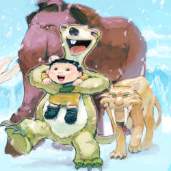 Rule 34 | 1boy, baby, black hair, boots, brown hair, buck teeth, carrying, child, claws, closed eyes, diego (ice age), fangs, green eyes, ice age (movie), male focus, manfred (ice age), mountain, open mouth, parted lips, roshan (ice age), short hair, sidney (ice age), sloth (animal), smile, snow, snowing, t k g, teeth, very short hair, walking