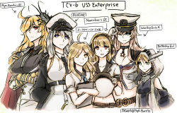 Rule 34 | 6+girls, ahoge, azur lane, battleship girl, blonde hair, blue eyes, breasts, choker, cleavage, clipboard, collarbone, commentary, crossed arms, english commentary, enterprise (azur lane), enterprise (battleship girl), enterprise (pacific), enterprise (warship girls r), flat chest, green eyes, hair over one eye, hat, height difference, holding, holding clothes, holding hat, hood, kantai collection, large breasts, looking at viewer, midriff, multiple girls, myss-burrito, name connection, one eye closed, original, pacific (kancolle), peaked cap, purple eyes, red eyes, small breasts, smile, upper body, uss enterprise (cv-6), white hair