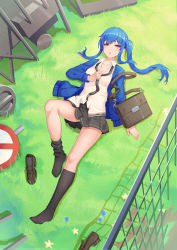 Rule 34 | 1girl, absurdres, black legwear, blue hair, blush, breasts, cleavage, feet, grass, highres, loafers, long hair, looking at viewer, lying, necktie, on back, parted lips, shoes, unworn shoes, side ponytail, socks