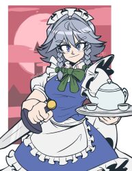 Rule 34 | 1girl, apron, back bow, blue eyes, blue skirt, blue vest, bow, bowtie, breasts, closed mouth, collared shirt, cup, frilled apron, frilled skirt, frills, full moon, green bow, green bowtie, grey hair, haydensmub, highres, holding, holding knife, holding tray, izayoi sakuya, knife, maid, maid headdress, medium breasts, moon, puffy short sleeves, puffy sleeves, scarlet devil mansion, shirt, short sleeves, skirt, smile, solo, teacup, teapot, touhou, tray, v-shaped eyebrows, vest, waist bow, white apron, white bow, white shirt