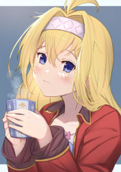Rule 34 | 1girl, ahoge, blonde hair, blue eyes, blue shirt, blush, bow, closed mouth, commentary request, cup, granblue fantasy, hair intakes, hairband, hands up, highres, holding, holding cup, jacket, jeanne d&#039;arc (granblue fantasy), long hair, long sleeves, mug, open clothes, open jacket, pink bow, red jacket, shirt, smile, solo, steam, uneg, upper body, white hairband