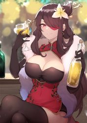 Rule 34 | 1girl, absurdres, alcohol, beidou (genshin impact), black gloves, black thighhighs, bottle, breasts, brown hair, chinese clothes, cleavage, colored eyepatch, crossed legs, cup, drink, drinking glass, elbow gloves, eyepatch, flower, fur, genshin impact, gloves, hair flower, hair ornament, hair over one eye, highres, large breasts, long hair, looking at viewer, red eyes, sakotach, sitting, smile, solo, thighhighs