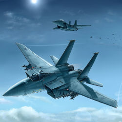 Rule 34 | ace combat, ace combat 6, afterburner, aircraft, airplane, blue sky, blue theme, cloud, contrail, day, f-15, f-15 eagle, fighter jet, flying, garuda 1, helmet, highres, jet, kcme, marcus lampert, military, military vehicle, missile, no humans, pilot, pilot suit, realistic, sky, sun, talisman (character), vehicle focus