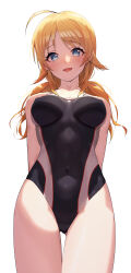 Rule 34 | 1girl, 24riside, absurdres, ahoge, arms behind back, black one-piece swimsuit, blonde hair, blue eyes, breasts, commission, competition swimsuit, covered navel, cowboy shot, hachimiya meguru, hair flaps, highres, idolmaster, idolmaster shiny colors, large breasts, looking at viewer, low twintails, one-piece swimsuit, pixiv commission, simple background, solo, standing, swimsuit, twintails, two-tone swimsuit, white background