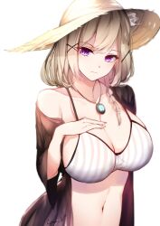 Rule 34 | 1girl, animal ear fluff, animal ears, arknights, bikini, blurry, braid, breasts, brown hair, brown hat, cleavage, closed mouth, collarbone, hand on own chest, hat, highres, jewelry, large breasts, leria v, looking at viewer, navel, necklace, official alternate costume, open clothes, purple eyes, short hair, side braid, simple background, solo, stomach, straw hat, string bikini, swimsuit, swimsuit cover-up, upper body, utage (arknights), utage (summer flowers) (arknights), white background, white bikini