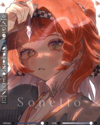Rule 34 | 1girl, art program in frame, blush, braid, character name, checkered hairband, commentary, english commentary, english text, green eyes, high collar, highres, holding, long hair, looking at viewer, orange hair, parted lips, reverse:1999, side braid, solo, sonetto (reverse:1999), spqve, upper body