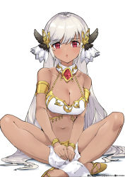 Rule 34 | 1girl, :o, aduo, bare shoulders, black skin, breasts, cleavage, colored skin, dancing archer tinia, guardian tales, hair ornament, highres, indian style, instagram username, long hair, looking at viewer, medium breasts, navel, open mouth, pixiv id, red eyes, sitting, twitter username, white background, white hair