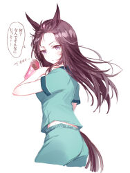 Rule 34 | 1girl, :o, animal ears, blush, breasts, brown eyes, brown hair, cropped legs, drying, drying hair, green pants, green shirt, hair dryer, hand in own hair, holding, holding hair dryer, horse ears, long hair, looking at viewer, looking back, mejiro dober (umamusume), midriff peek, pants, romi (346 ura), shirt, short sleeves, simple background, small breasts, solo, speech bubble, sweatdrop, tail, tail ornament, translation request, umamusume, wet, wet hair, white background