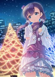 Rule 34 | 10s, 1girl, christmas lights, christmas tree, cityscape, detached sleeves, dress, dutch angle, fur trim, green eyes, hat, hyuuga azuri, jpeg artifacts, long hair, love live!, love live! school idol project, low twintails, mini hat, mini top hat, pom pom (clothes), purple hair, sky, snow halation, snowing, solo, top hat, tojo nozomi, twintails, winter clothes