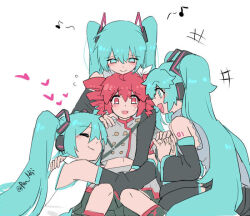 4girls aqua_eyes aqua_hair bare_shoulders black_sleeves closed_eyes closed_mouth commentary detached_sleeves drill_hair grey_jacket grey_shirt hair_ornament hatsune_miku hatsune_miku_(vocaloid3) hatsune_miku_(vocaloid4) heart holding_hands hug jacket kasane_teto kasane_teto_(sv) long_hair long_sleeves looking_at_another multiple_girls multiple_persona musical_note nejikyuu open_mouth red_eyes red_hair shirt simple_background sitting sleeveless sleeveless_shirt smile synthesizer_v twin_drills twintails twitter_username utau very_long_hair vocaloid white_background white_shirt