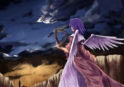 Rule 34 | 1girl, angel wings, from behind, harp, instrument, original, purple hair, sky, solo, sorano eika, wings