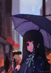 Rule 34 | 1girl, absurdres, aqua ribbon, black hair, chinese commentary, closed mouth, commentary request, highres, holding, holding umbrella, inoue takina, long hair, looking at viewer, lycoris recoil, lycoris uniform, neck ribbon, outdoors, people, purple eyes, rain, ribbon, rnna, sidelocks, solo focus, umbrella, upper body