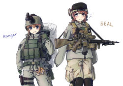 Rule 34 | 2girls, american flag, assault rifle, backpack, bag, belt, belt pouch, beretta 92, blue eyes, brown eyes, brown hair, camouflage, camouflage pants, cowboy shot, desert camouflage, english text, gloves, glowstick, goggles, goggles on headwear, green gloves, grey jacket, grey pants, gun, handgun, headset, helmet, holstered, jacket, knee pads, load bearing vest, long hair, long sleeves, m16, military, military operator, multiple girls, night-vision device, original, pants, pistol, pouch, red hair, rifle, simple background, sniper rifle, tanto (tc1995), weapon, white background