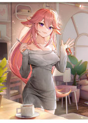 Rule 34 | 1girl, absurdres, alternate costume, animal ears, bare shoulders, chair, collarbone, commentary request, cowboy shot, cup, dress, fox ears, genshin impact, grey dress, grey sweater, hair between eyes, hands up, highres, holding, holding spoon, indoors, long hair, long sleeves, looking at viewer, maoy123, mug, off-shoulder dress, off-shoulder sweater, off shoulder, pink hair, plant, potted plant, purple eyes, short dress, sleeves past wrists, smile, solo, spoon, standing, sweater, sweater dress, very long hair, yae miko