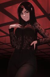Rule 34 | 1girl, absurdres, black eyes, black hair, black pants, breasts, commentary, freckles, hair ornament, hairclip, hand on own hip, highres, kadence (veyonis), long hair, medium breasts, original, pants, see-through, see-through shirt, solo, tagme, veyonis