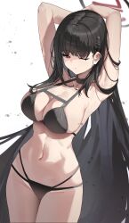 Rule 34 | 1girl, absurdres, armpits, arms behind head, bikini, black bikini, black hair, black halo, blue archive, breasts, commentary request, hair ornament, hairclip, halo, highres, large breasts, long hair, looking at viewer, maanu, navel, one eye closed, red eyes, red halo, rio (blue archive), simple background, solo, swimsuit, two tone halo, very long hair, white background