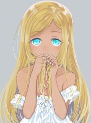 Rule 34 | 1girl, amezawa koma, aqua eyes, bare shoulders, blonde hair, blush, commentary request, dark-skinned female, dark skin, dress, expressionless, flat chest, highres, holding, holding own hair, idolmaster, idolmaster cinderella girls, layla (idolmaster), long hair, looking at viewer, off shoulder, own hands together, solo, straight-on, upper body, white dress