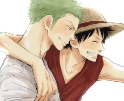 Rule 34 | 2boys, artist request, black hair, green hair, hat, male focus, monkey d. luffy, multiple boys, one piece, profile, red vest, roronoa zoro, shirt, smile, source request, straw hat, t-shirt, vest