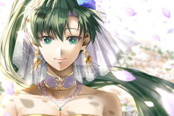 Rule 34 | 1girl, \, asymmetrical bangs, bare shoulders, bead necklace, beads, blurry, blurry background, breasts, bridal veil, bride, cleavage, closed mouth, collarbone, commentary, day, delsaber, dress, earrings, eyelashes, female focus, fire emblem, fire emblem: the blazing blade, fire emblem heroes, flower, green eyes, green hair, hair between eyes, hair flower, hair ornament, jewelry, lips, long hair, looking at viewer, lyn (bridal) (fire emblem), lyn (fire emblem), matching hair/eyes, necklace, nintendo, off-shoulder dress, off shoulder, parted bangs, pendant, petals, ponytail, portrait, smile, solo, sparkle, sunlight, veil