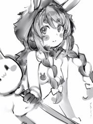 Rule 34 | 1girl, :t, animal ears, bad id, bad pixiv id, blush stickers, bow, braid, breasts, closed mouth, cowboy shot, ears through headwear, female focus, gloves, greyscale, hair between eyes, hair bow, highres, holding, holding staff, hololive, hood, hood up, long hair, looking at viewer, monochrome, multicolored hair, nanashi (nlo), navel, nude, pasties, pekomon (usada pekora), rabbit ears, short eyebrows, simple background, small breasts, smile, solo, staff, symbol-shaped pupils, thick eyebrows, twin braids, two-tone hair, usada pekora, virtual youtuber, white background
