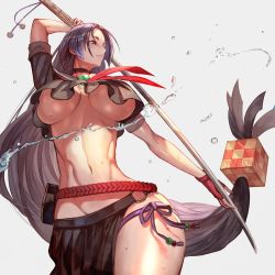 Rule 34 | arm up, breasts, breasts apart, choker, curvy, fate/grand order, fate (series), grey background, hair ornament, highres, katana, lack, large breasts, long hair, midriff, minamoto no raikou (fate), minamoto no raikou (fate/grand order), minamoto no raikou (swimsuit lancer) (fate), minamoto no raikou (swimsuit lancer) (second ascension) (fate), narrow waist, navel, no bra, purple eyes, purple hair, simple background, solo, sword, thighs, underboob, veins, veiny breasts, very long hair, water, weapon, wide hips