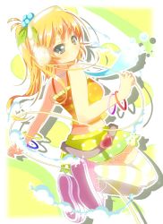 Rule 34 | 1girl, black eyes, blonde hair, c.c. lemon, c.c. lemon (character), casual, hair ornament, headphones, jumping, long hair, looking at viewer, pleated skirt, ponytail, shoes, skirt, smile, solo, striped clothes, striped thighhighs, thighhighs, yuimari, zettai ryouiki