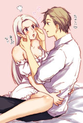 Rule 34 | 1boy, 1girl, breasts, chris lightfellow, cleavage, closed mouth, commentary request, gensou suikoden, gensou suikoden iii, long hair, nash latkje, ruruo (p76), silver hair