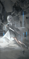 Rule 34 | 1girl, absurdres, animal, bird, black footwear, black necktie, blue eyes, blue hair, breasts, building, chihuri, collared shirt, commentary request, earrings, full body, grey hair, grey skirt, grey vest, hair between eyes, highres, holding, holding sword, holding weapon, jacket, jewelry, loafers, long hair, medium breasts, midair, necktie, open clothes, open jacket, original, shirt, shoes, skirt, socks, solo, stud earrings, sword, upside-down, very long hair, vest, weapon, white jacket, white shirt, white socks